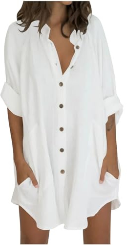 Flodxo Womens Tops Oversized Cotton Linen Button Up Shirts Summer Casual Blouse Roll-Up Sleeve Tops Extra Long Top with Pockets Hawaii Beach Cover Up Ladies Clothes White 3XL