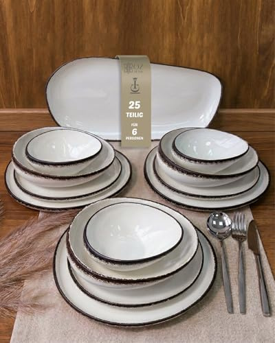BRICARD Royan Servizio Piatti 25 Pezzi Bianco Marrone - Set Piatti 6 Persone In Piatti Porcellana - Piatti Moderni E Piatti Colorati Piani E Fondi - Set Piatti Per Microonde E Lavastoviglie