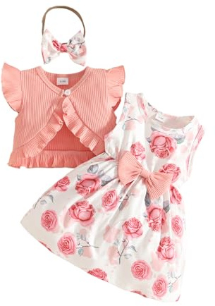 UUAISSO Vestido Bebé Niña Pequeña Cárdigan Volantes Tops Vestidos Mariposa Estampado Floral a Cuadros Ropa Verano Para Bebé Niña Flores rosas 2-3 años