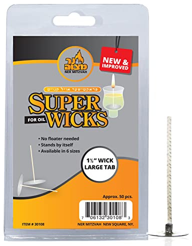 Ner Mitzvah Self Standing Cotton Wicks for Glass Oil Cup and No Floater Needed for Candle Lighting, Multipurpose (Pack of 50), Large - 1.5 inch