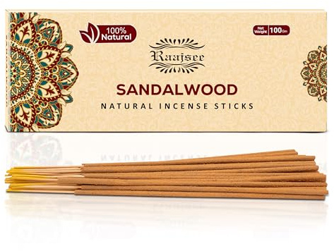 Raajsee Sandalwood Incense Sticks 100 Gm Pack-100% Pure Organic Natural Hand Rolled Free from Chemicals-for Church,Aroma Therapy,Relaxation,Meditation & Sensual Therapy