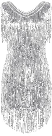 Agoky Ärmlös paljettklänning för kvinnor, v-ringad, glitter, tofsar, festklänning, flapperkostym, dansklänning, samba tango, latin, kläder