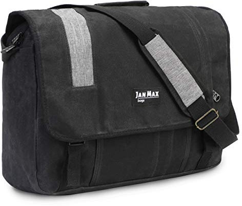 Jan Max - Canvas - Umhängetasche Arbeitstasche Schultertasche, Herren Tasche, Messenger Bag mit Laptopfach, schwarz-grau meliert