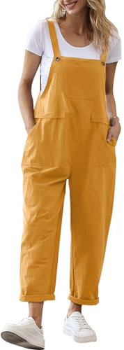 YESNO Damen Latzhose Sommer Oversize Trägerhose Beiläufig Loose Bib Pants Overall Baggy Jumpsuit Strampler Sommerhose mit Träger (M PV9DE Ingwer)