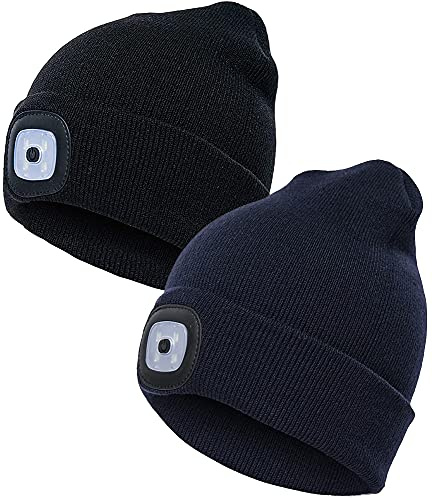 JFAN Cappello Lavorato A Maglia da Uomo Unisex LED con Torcia Inverno Tinta Unita Illuminato Sci Caldo Cappello in Pelle di Melone Beanie cap Nero+Marine Taglia Unica