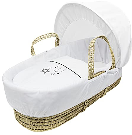 Kinder Valley Embroidered White Wish Upon A Star Palm Moses Basket with Full Bedding Set, Adjustable Hood, Fibre Mattress and Padded Liner