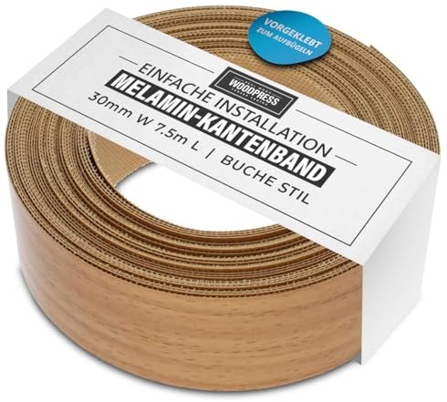 WoodPress® 30mm Buchenoptik Melamin-Kantenumleimer zum Aufbügeln 7,5m