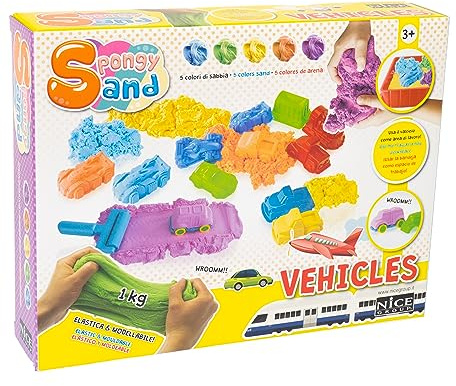 Nice Group - Spongy Sand Transport, Set di Sabbia Colorata con 4 stampi di Mezzi di Trasporto e 2 Forme di Automobile