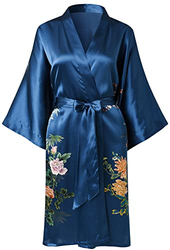 Ledamon Kimono court 100% soie pour femme, bleu marine, taille unique