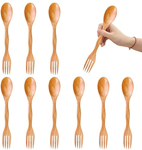 UPTALY 10 Stück wiederverwendbare Holz-Göffel mit Löffel (21 cm), 2-in-1-Gabel und Löffel mit langem Griff, leichte Kombi-Utensilien für unterwegs, Reisebesteck aus Holz für Rucksackreisen, Wandern