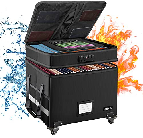 DocSafe File Box with Lock, Multi-Layer Fireproof Document Box with Wheels,Collapsible Rolling File Storage Organizer Box with Pockets,Large Portable Home Office Filing Cabinet for Hanging Folders