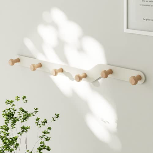 YunNasi Garderobenleiste Kindergarderobe Ohne Bohren Garderobenhaken Wand Kleiderhaken Hakenleiste Cremefarbende für Flur Kinderzimmer Wohnzimmer Schlafzimmer Badezimmer (6 aus Holz -43 * 3cm)