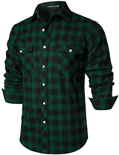PARKLEES Herren Freizeithemden Regular Fit Button Down Check Kariert Flanellhemden mit Taschen PZLCL41 Dunkelgrün L