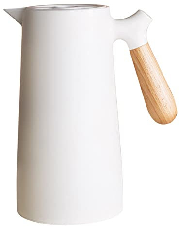 34Oz/1L Thermal Coffee Pot, Double Walled Vacuum Coffee Pot With Glass Liner Insulated Coffee Thermos With Wooden Handle, Keep Warm Cold(White)