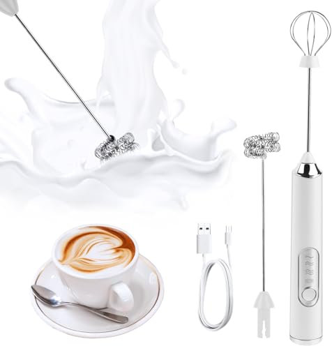 Milchaufschäumer Elektrisch Edelstahl Melektrischer Schneebesen USB Wiederaufladbar Milchschäumer Geeignet für Kaffee, Cappuccino, Milchkaffee, heiße Schokolade, weiß(Zwei Arten von Mischköpfen)