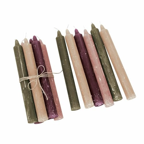 Loberon Kerze 12er Set Bauceau – Rustikales Finish, durchgefärbt & geruchsneutral, bunt, Von Hand veredelt – Paraffinwachs, bunt