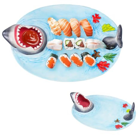 PAKEHA Shark Sushi Plate, Shark Attack Sushi Plate, Shark Plate with Sauce Compartment, Shark Dipping Plate - Lead-Free - Microwave/Oven/Freezer/Dishwasher Safe