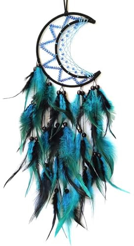 Mond-Traumfänger für Schlafzimmer, Wandbehang, schwarz-blaues Feder-Design, Heimdekoration, Geschenk, Traumfänger, Ornamente für Zuhause, Wandbehang, Handwerk, Geschenk für Erwachsene, Kinder,