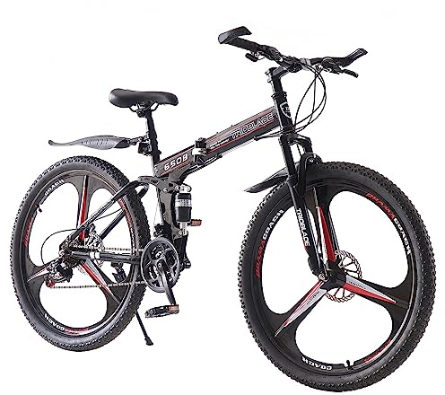 BSTSEL 26 Inch Folding Mountain Bike 3 Spoke Wheels Bicycle,17 Inch Frame Mountain Bicycle - 21 Speeds Disc Brake (Red)