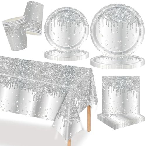 MORAINJAY 69 Pcs Silver Birthday Party Tableware Set,Silver Sparkly Paper Plates, Cups, Napkins, Wedding, Baby Shower, Graduation, Anniversary, Table Birthday Decorations,Holiday Party Supplie