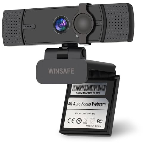 WINSAFE 4K Webcam for PC, UHD Video Calling, PDAF AutoFocus, Dual Noise-Canceling Microphones, 70° FOV, 1080P@60FPS, Privacy Cover, USB Plug&Play, Works with Teams, Zoom, OBS, Skype