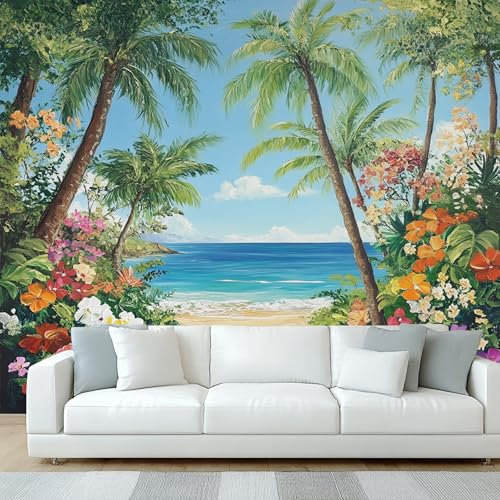 Générique Papier Peint Panoramique Tropical, Papier Peint Palmier Plage Tropicale Mer Océan, Fresque Murale, Decoration Chambre Salon, 450 x 315 cm
