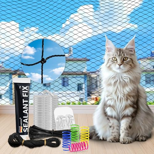 Rete per Gatti Rinforzata, 4x3m Rete Gatti Balcone con adesivo antiaderente e ganci adesivi, Rete per gatti da balcone resistente alle intemperie e ai raggi UV, Adatta per Balconi, Finestre, lucernari
