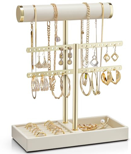 VLANDO 2 Tier Bracelet Holder Display, Leather Jewelry Holder Display for Women, Detachable Jewelry Stand for Bracelet, Necklace, Earrings, Rings - Beige