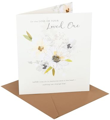 UK Greetings Tarjeta de condolencias con la pérdida de un ser querido, condolencias/duelo, para ella/él, flores blancas, con sobre, 6.25 x 7.25 pulgadas