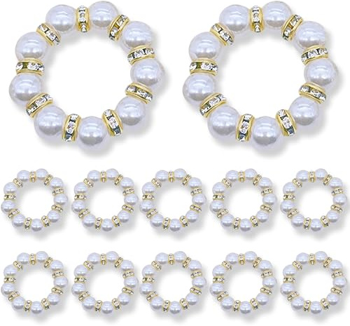 12 Piezas Anillos De Servilleta, Anillos De Servilleta Elásticos Dorados con Perlas De Plástico, Anillos Servilletas para Decoración De Mesa En Bodas Fiestas Cenas