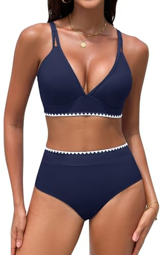UMIPUBO Bikini Mujer Cintura Alta Push Up Cuello En V Bañadores Traje De Baño 2 Piezas Pliegues Reductores Control Abdominal Talle Alto Sexy Detalles De Concha Biquinis Conjunto