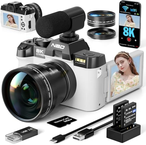 True 8K Digital Cameras for Photography 64MP - WiFi, Wide-Angle & Macro Lens, 16X Zoom Autofocus, 3 180° Flip Screen, 64GB Card, Vlogging Camera for YouTube Travel(Pearl White)