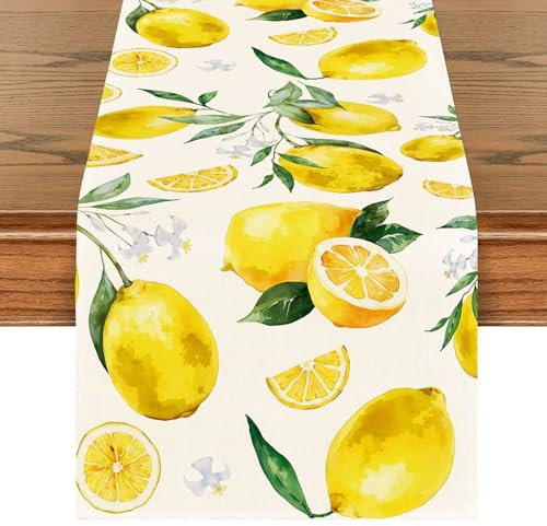 Tischläufer Zitronen Deko Mediterran Sommer Deko für Esstisch Küche 180x40 cm Modernes Tischband Landhaus Dekostoff Saisonale Tischdekoration für Drinnen Draußen Party Urlaub