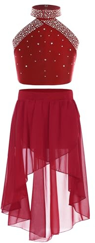 Moggemol Costume Danse Jazz Danse Lyrique Moderne Et Ballet pour Les Filles Enfants Ensemble Dun Gilet Scintillant avec Rhinocéros Et Jupe Tenue Bourgogne 15-16 Ans