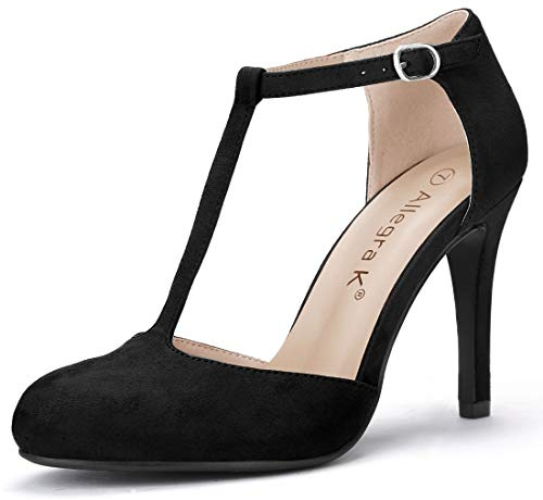 Allegra K Femmes Pointe Arrondie talo n Aiguille Sangle de Cheville en T Pompes Noir 38