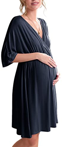 Ekouaer 3 in 1 Labor/Delivery/Hospital Gown Maternity Dress Nursing Nightgown Sleepwear for Breastfeeding, Navy Blue, Small