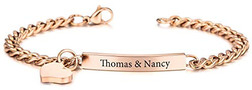 INBLUE Pulsera Personalizada con Grabado Nombre Fecha ID para Mujer Novia Tobillera de Barra de Acero Inoxidable con Etiqueta de Corazón Amistad Dama de Honor Joyería Regalo(Color Oro Rosa)