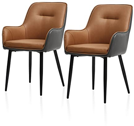 TUKAILAi Lot de 2 Chaises de Salle à Manger Simili Cuir, Chaises de Cuisine Rembourrées avec Accoudoirs Dossier, Pieds en Métal, Fauteuil de Cuisine Moderne pour Salon Bureau (Marron-Gris)