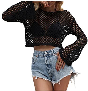 Achlibe Haut court ajouré pour femme, pull tricoté à manches longues, couleur unie, pull ample en tricot vintage, Noir 3, S