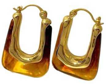 KONFEN 18K Ohrringe Creolen, U-Form Chunky Ohringen Gold mit Resin für Damen, Ohrring Hoop Earrings Ohr Creolen Ohringe Oringe Hypoallergen Geometric Ohrmuschel Schmuck für Mädchen (Bernstein)