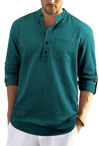 Enlision Maglietta Camicia da Uomo Estivo Camicia in Cotone Lino a Elegante Maniche Lunghe con Bottoni Casual Hawaii Slim Fit Camicia da Spiaggia Verde L
