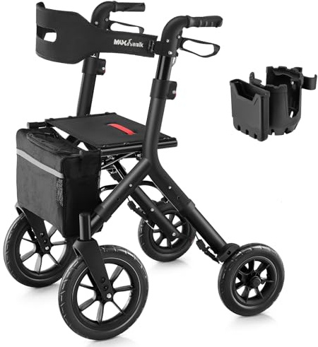 MAXWALK Rollator Walker with Seat, Tall Walkers for Seniors, 12 Big Rubber Wheels All Terrain Rollator Walker with Backrest, Built-in Cable, Foldable and Dual Adjustable Height for 5.3-7ft, Black