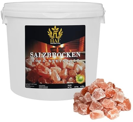 HAF® Rosa saltbitar 5 kg | Grova stensaltbitar utan tillsatser och naturliga ämnen från Saltrangen i Pakistan | saltstenar | Solekjolar | Storlek: 2–5 cm | Antal: 1 x 5 kg i hink