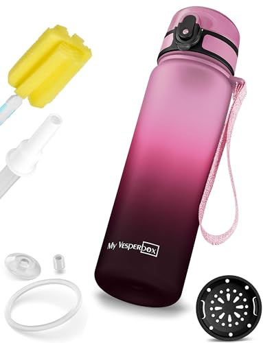 My Vesperbox, Minny, läckagesäker drickflaska för barn, med sugrör eller sil, 350 ml, 500 ml, 750 ml, BPA-fri, för dagis, skola (rosa, lila, svart, 750 ml)