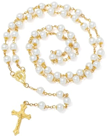 KOMI White Pearl Rosary Beads Catholic for Women 8mm Glass Pearl Rosary Necklace First Communion Gifts with Velvet Bag