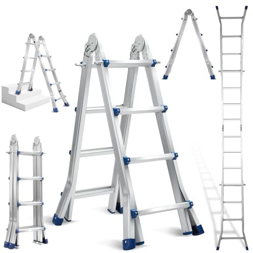 Eulenke Escalera telescópica de aluminio, 4,02 m, peldaños 4 x 4, escalera plegable 4 en 1, capacidad de carga de 150 kg, escalera, escalera de caballete, escalera deslizante