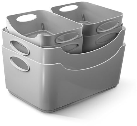 KEPLIN 6 Pack Plastic Studio Baskets with Sturdy Handles, Multi-Purpose Organiser Boxes for Home, Kitchen & Bathroom, Shelves & Drawers, Lightweight Space-Saving Containers, 33.3 x 23.4 x 14 cm