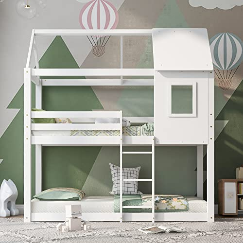 Jovify Wooden Bunk Bed for Kids Teenagers, 3ft Twin Sleeper Loft Bed with Ladder, Children Cabin Bed Double Bed Frame with Window and Roof, Solid Pine Wood House Bed, White, 190x90 cm, No Mattresses