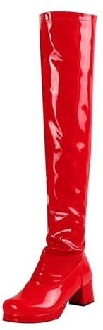 Botas sobre la rodilla para mujer, lacadas, botas altas con tacón de bloque, con plataforma, botas de piel sintética, botas altas hasta la rodilla, punta redonda, botas de caballero de cuero, rojo, 43