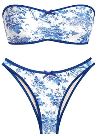 ZAFUL Trägerloser Bikini für Damen, durchbrochenes strukturiertes Schleifendekor, gerüschter Bandeau-Badeanzug mit Schnürung (4-Dunkelblau, M)